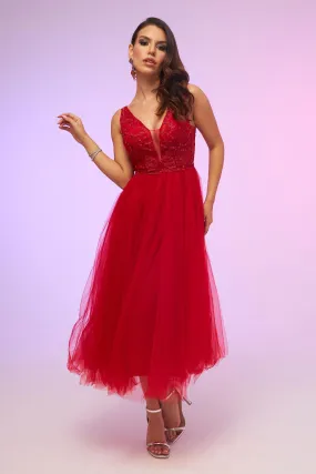 Angelino Red Tulle Low-Rise Midi Dress