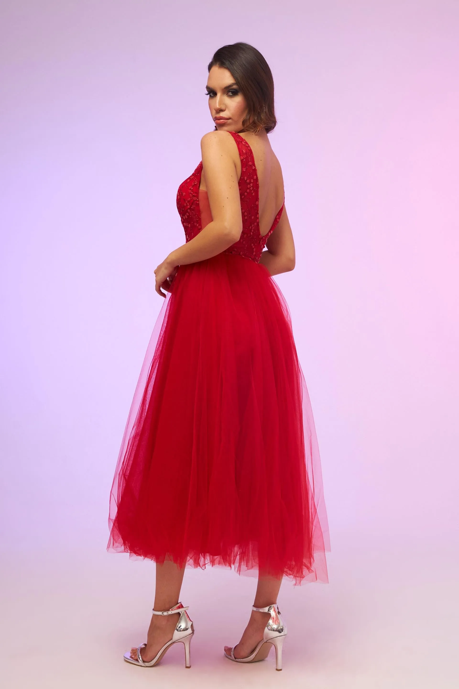 Angelino Red Tulle Low-Rise Midi Dress