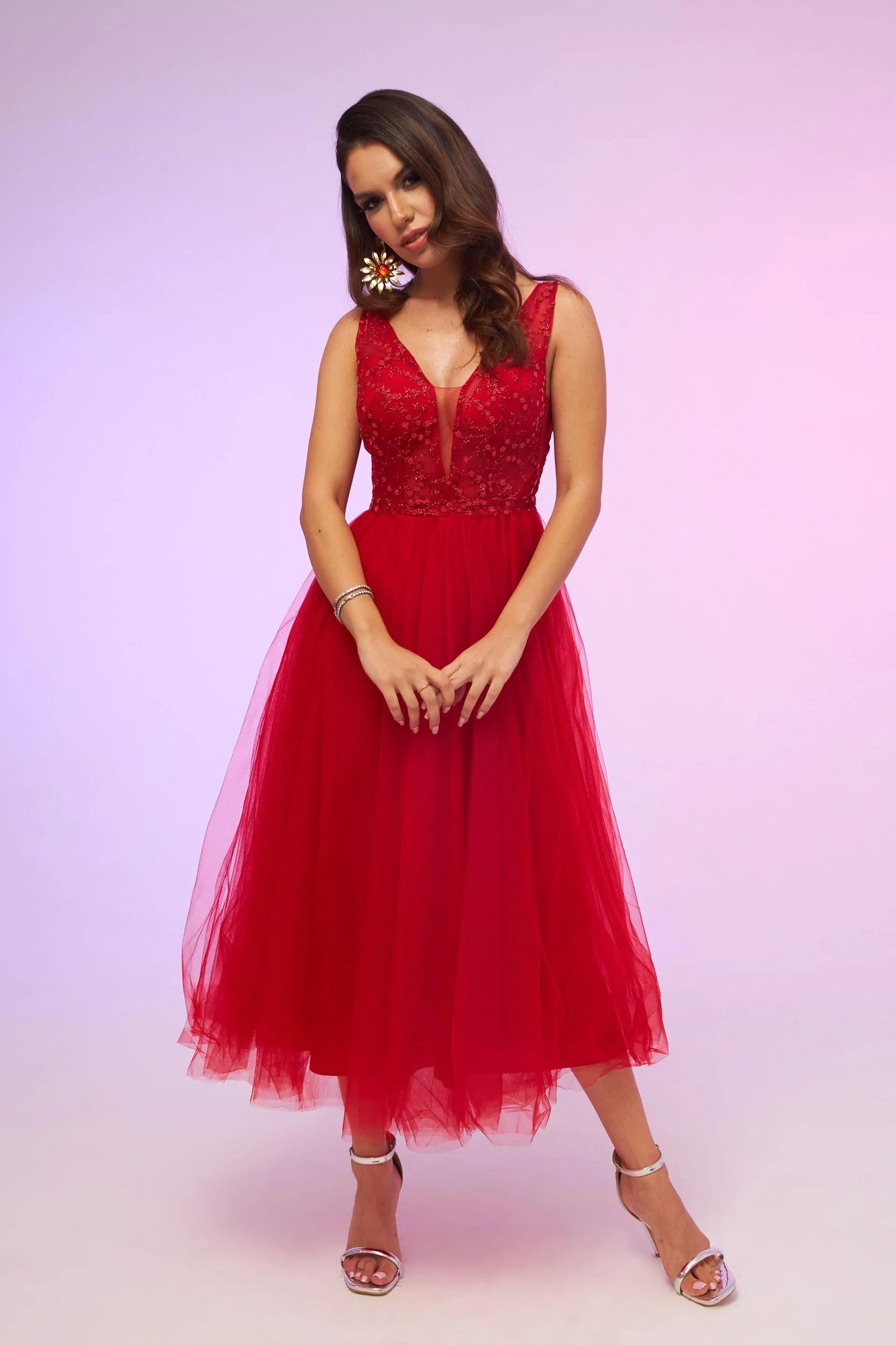 Angelino Red Tulle Low-Rise Midi Dress