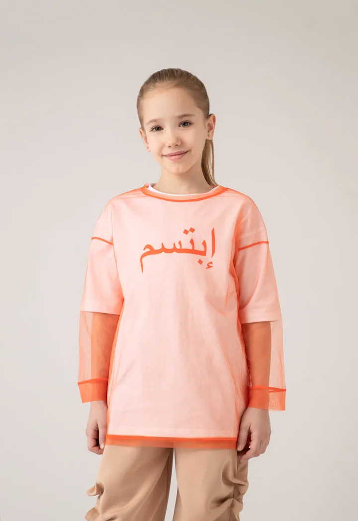 Arabic Text Jersey Tulle Overlay Blouse