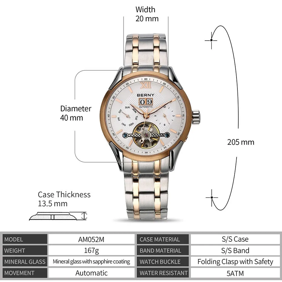 Automatic Men 5ATM Waterproof Luminous Hands Stainless steel Calendar Clock Luxury Watch Wristwatch