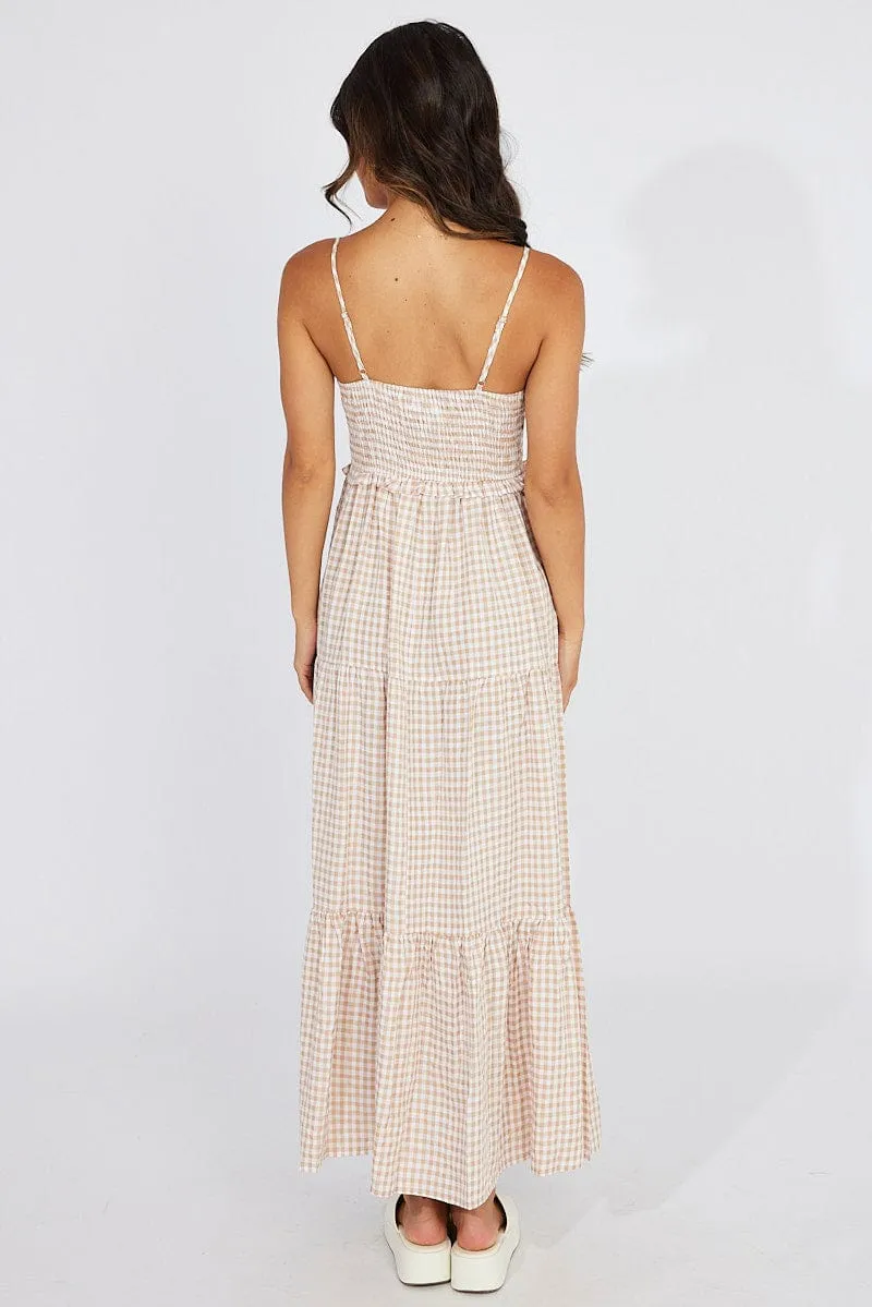 Beige Check Maxi Dress Sleeveless Shirred Bust