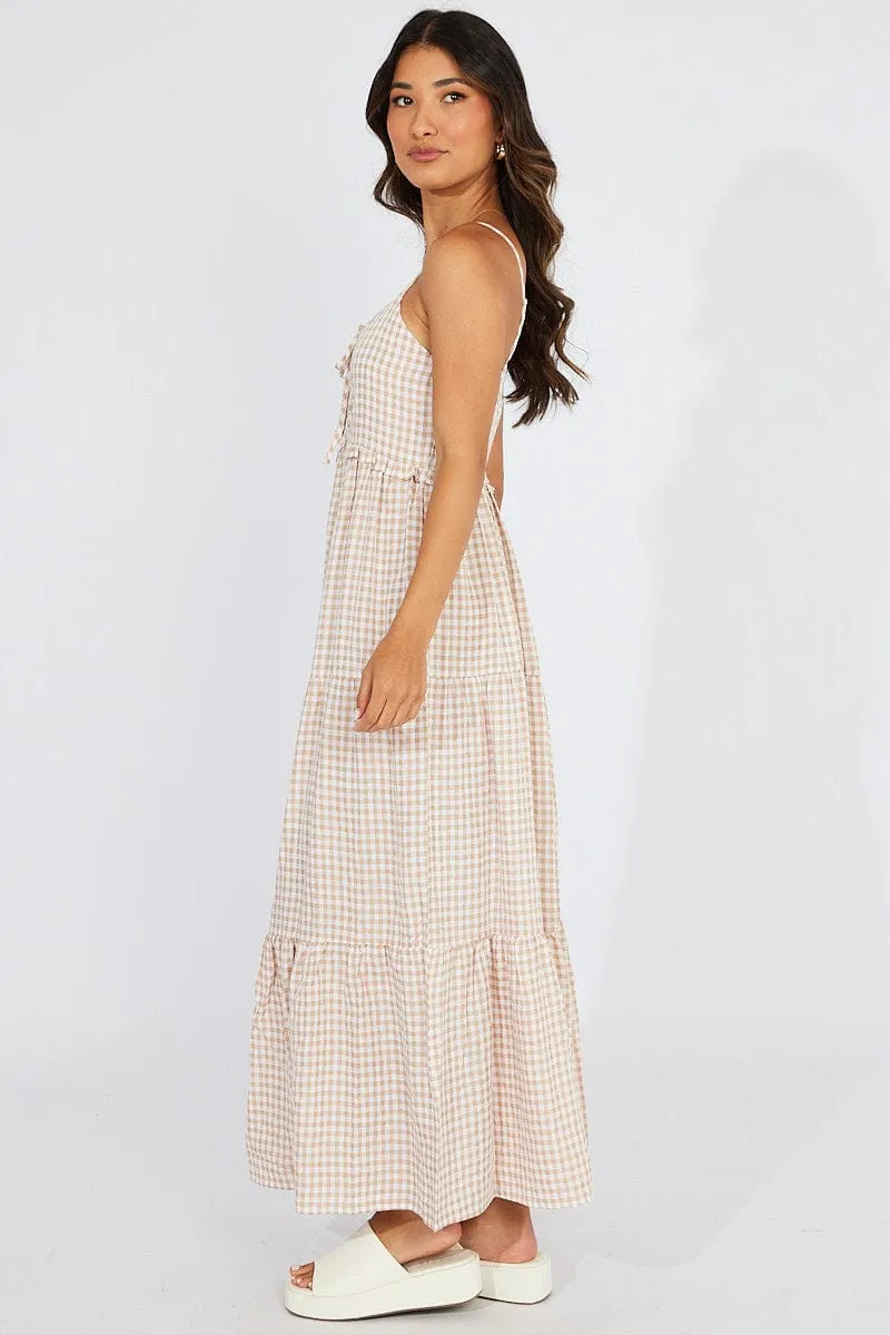 Beige Check Maxi Dress Sleeveless Shirred Bust