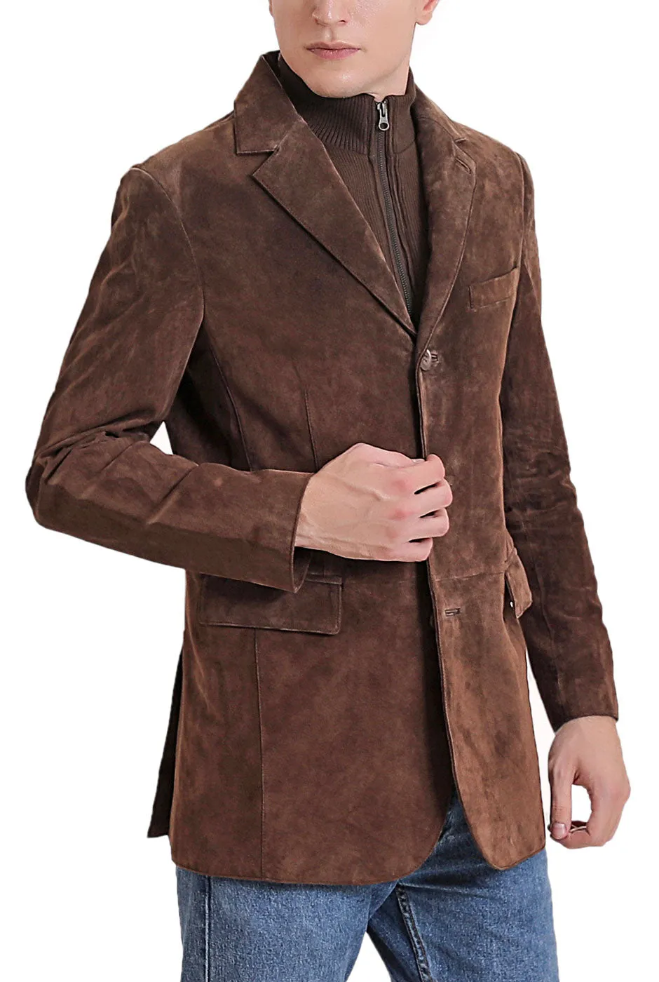 BGSD Men Brett Suede Leather Blazer with Zip-Out Bib