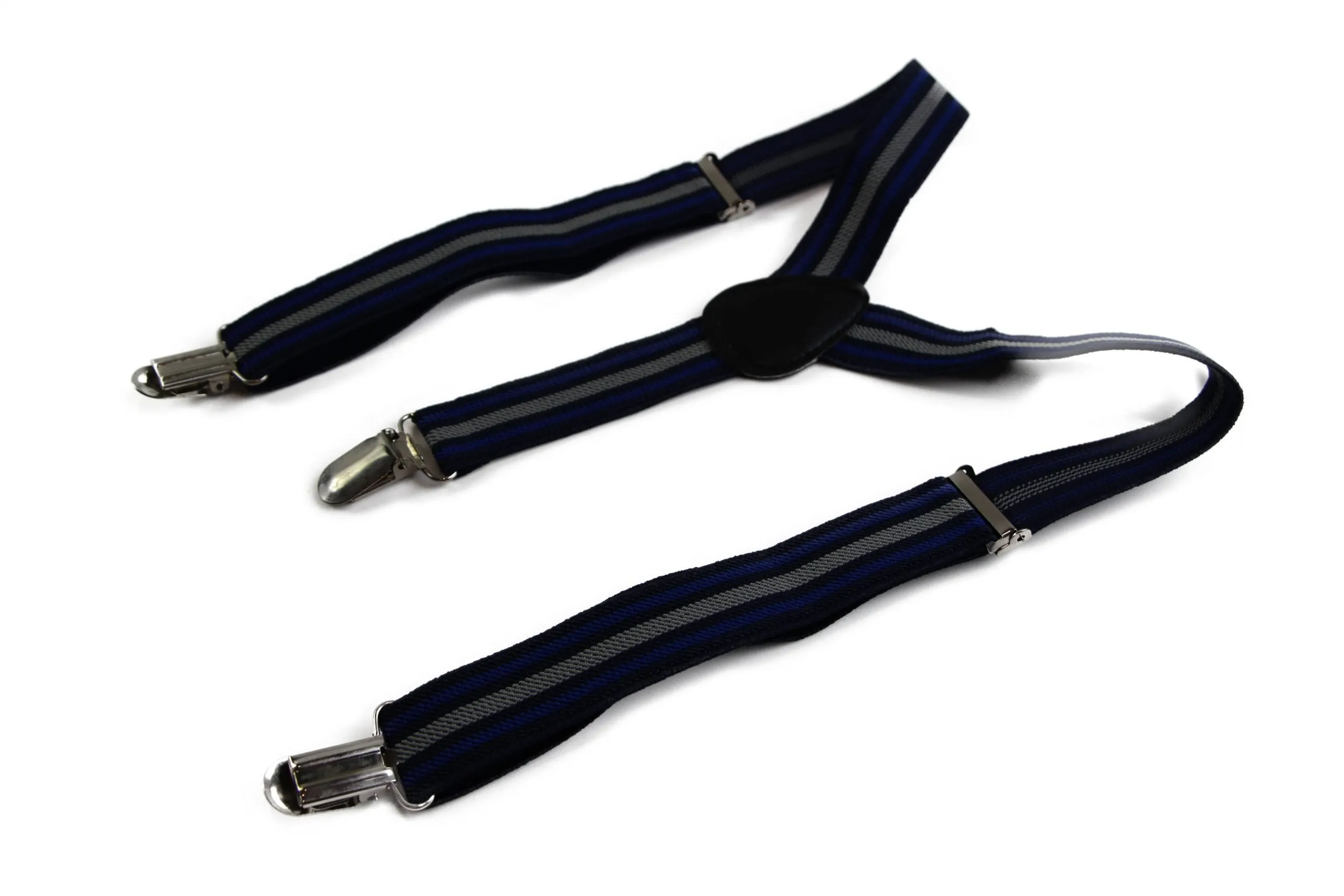 Boys Adjustable Navy, Blue & Grey Striped Patterned Suspenders