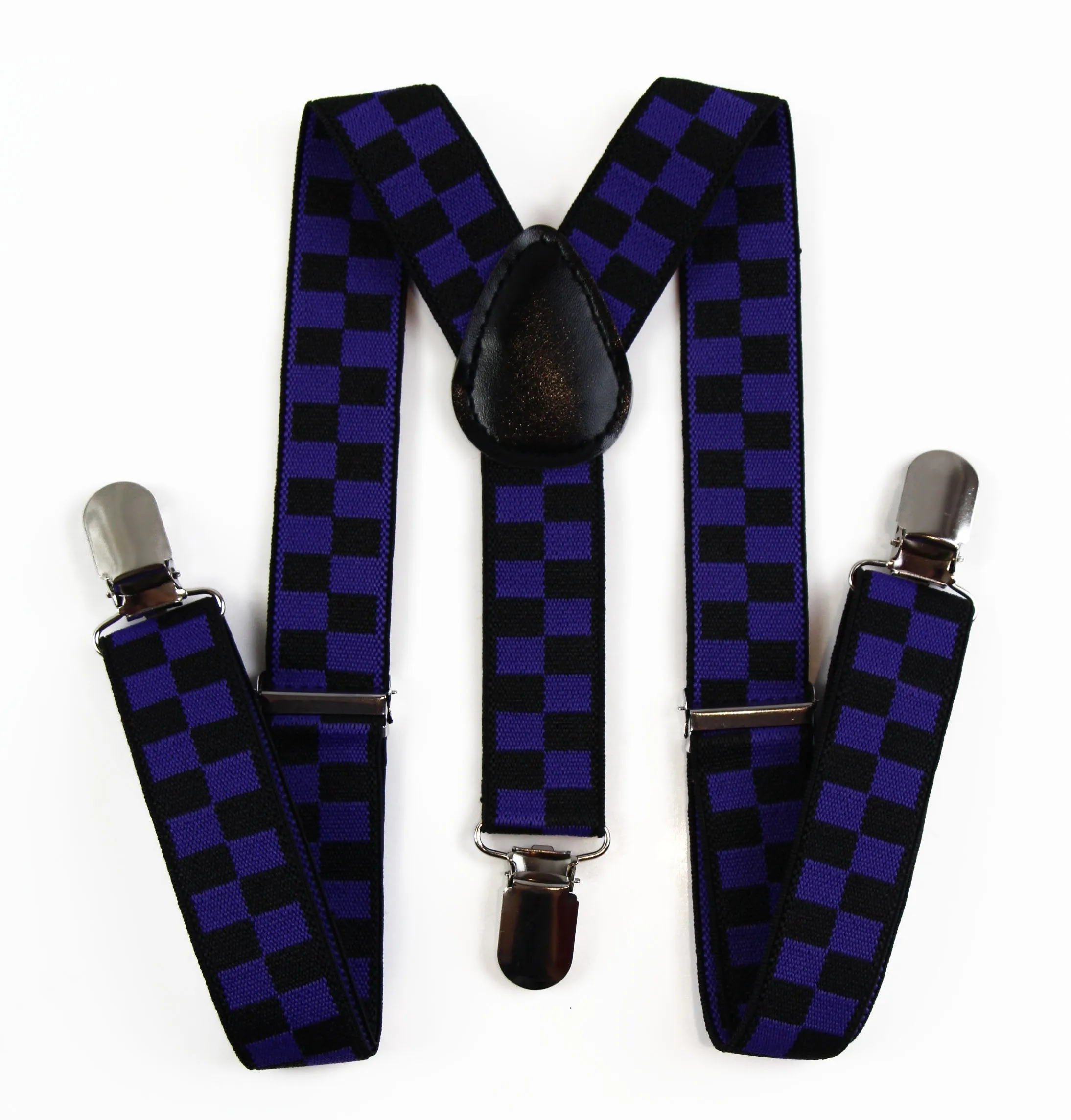 Boys Adjustable Purple & Black Checkered Patterned Suspenders