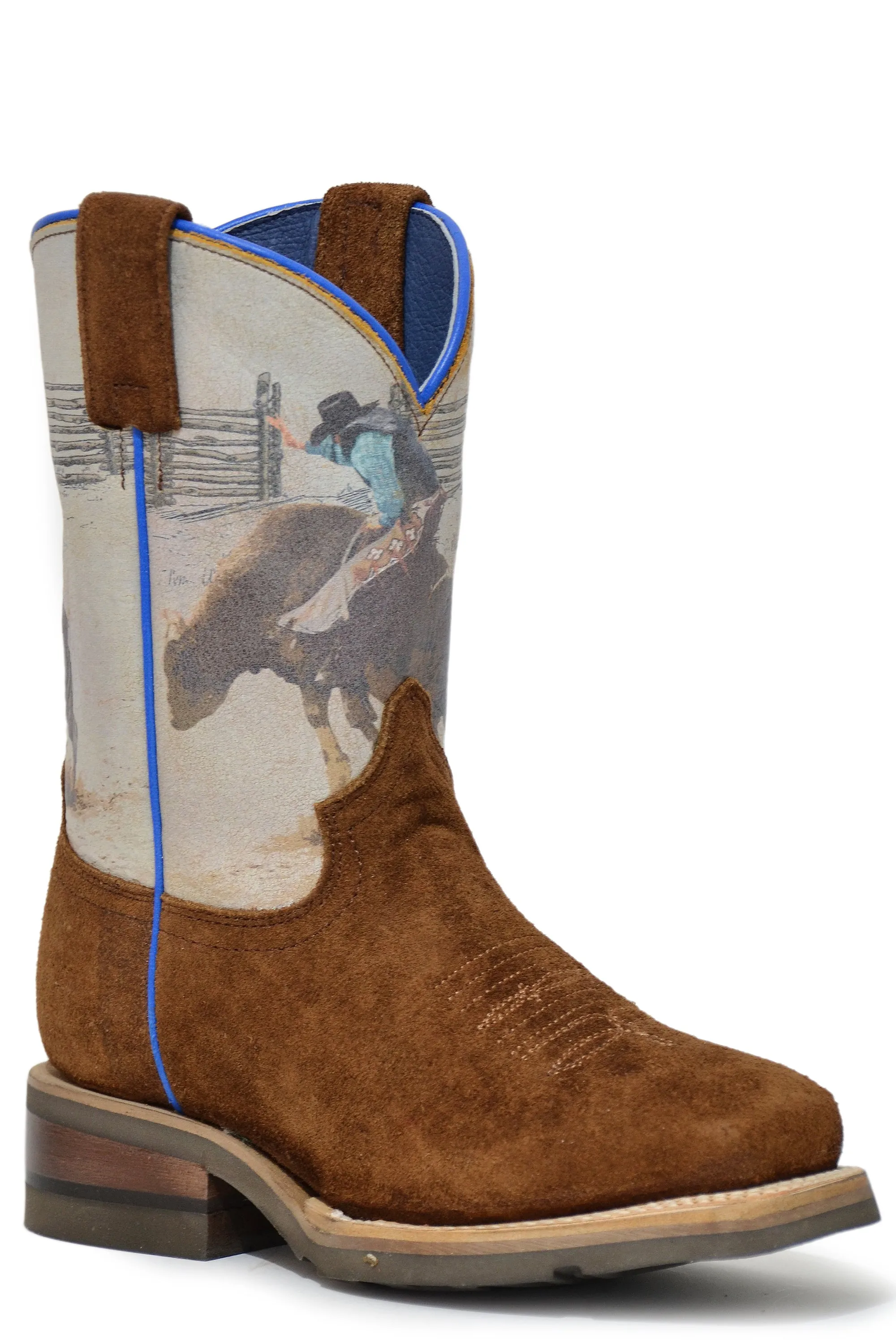 Boys Roper Brown Suede Square Toe Boot w/ Bull Rider Design