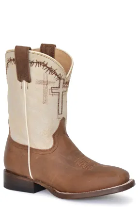 Boys Roper Waxy Tan Square Toe Boot w/ Embroidered Crosses