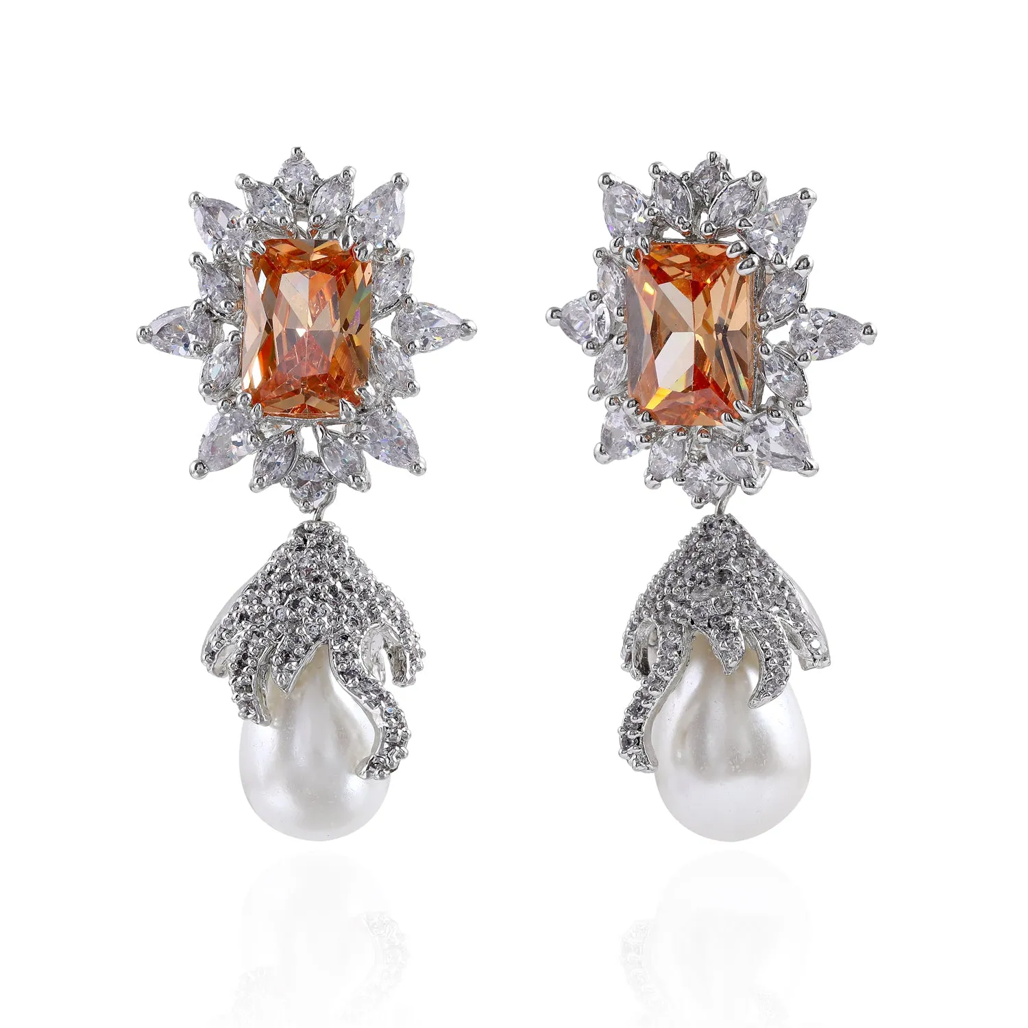 Chandelier Stones & Floral Drop Cubic Zirconia Crystal Earrings