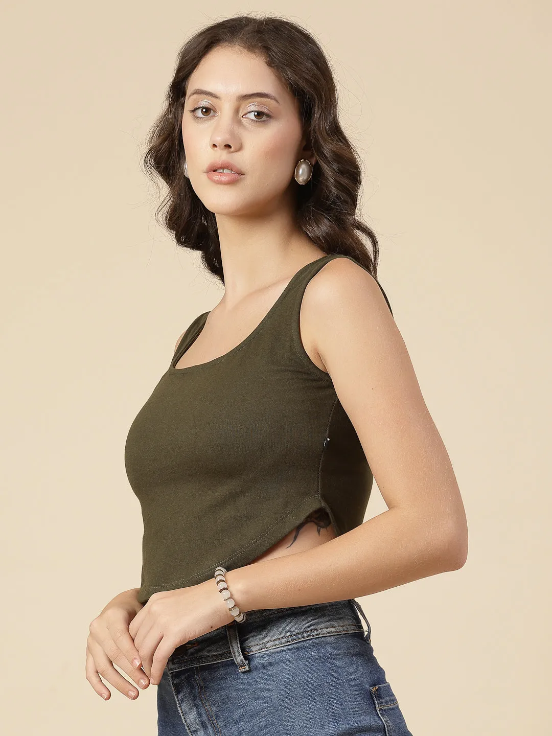 Cool Comfort Solid Scoop Neck Crop Tank Top