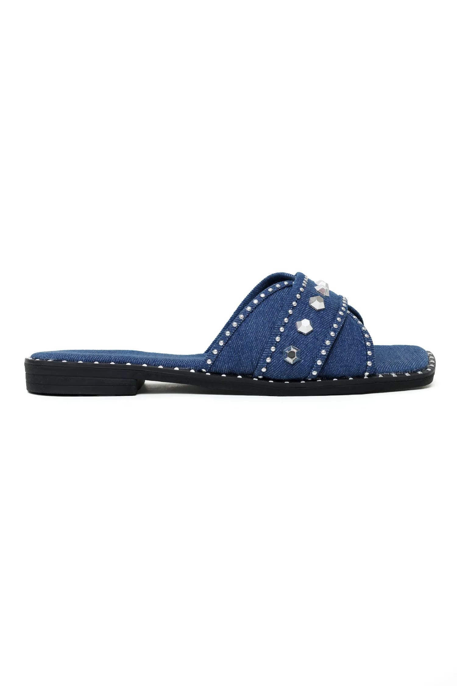 DENIM CHIC STUDDED SLIDES-BLUE