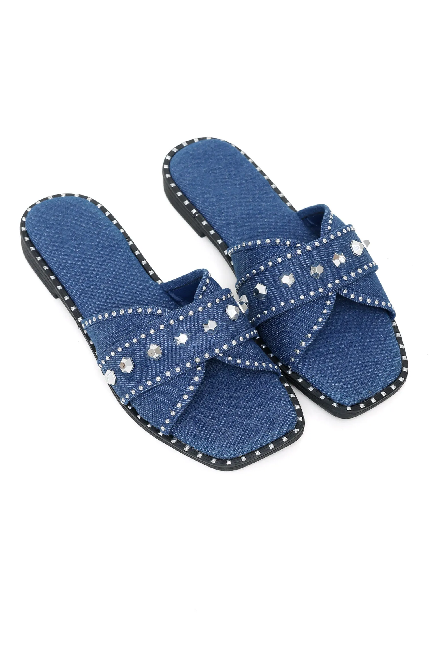 DENIM CHIC STUDDED SLIDES-BLUE