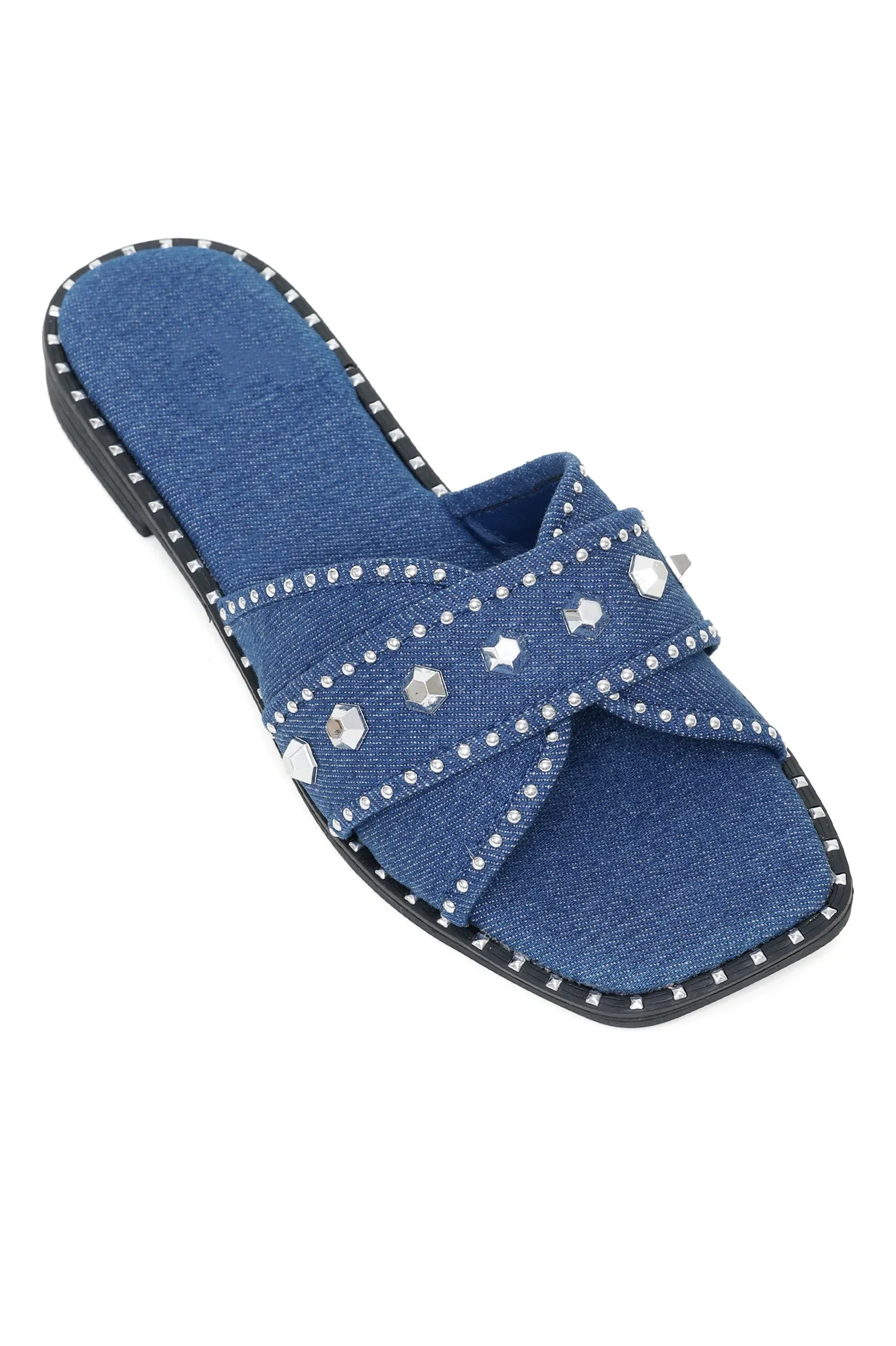 DENIM CHIC STUDDED SLIDES-BLUE