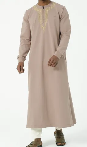 Embroidered Long Thobe for Muslim Men Kamees Sham R24 QL in Taupe