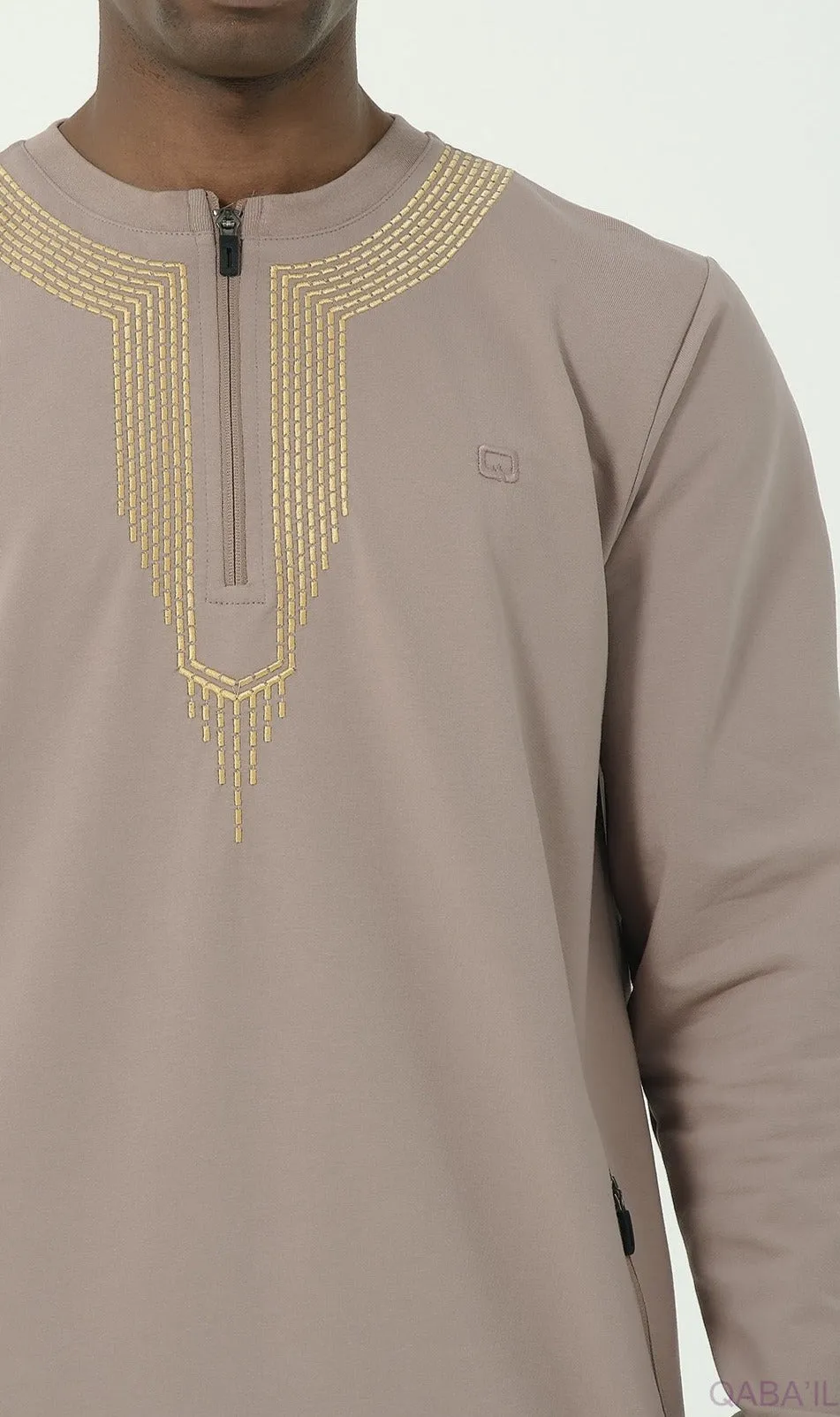 Embroidered Long Thobe for Muslim Men Kamees Sham R24 QL in Taupe