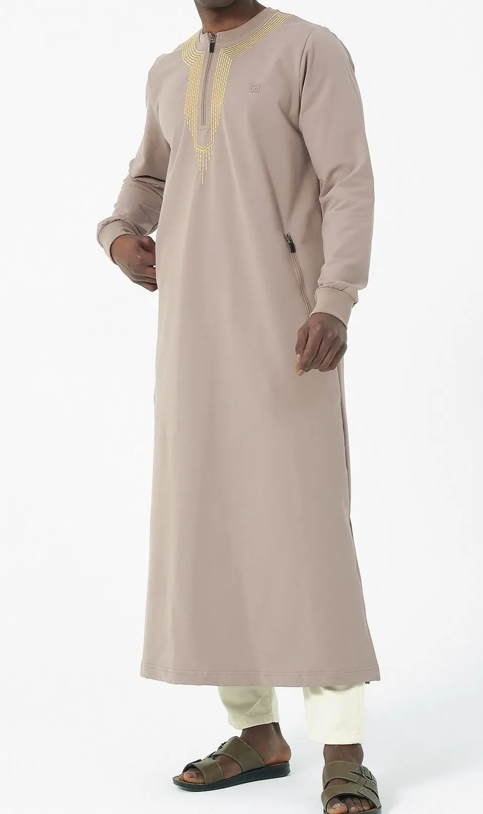 Embroidered Long Thobe for Muslim Men Kamees Sham R24 QL in Taupe