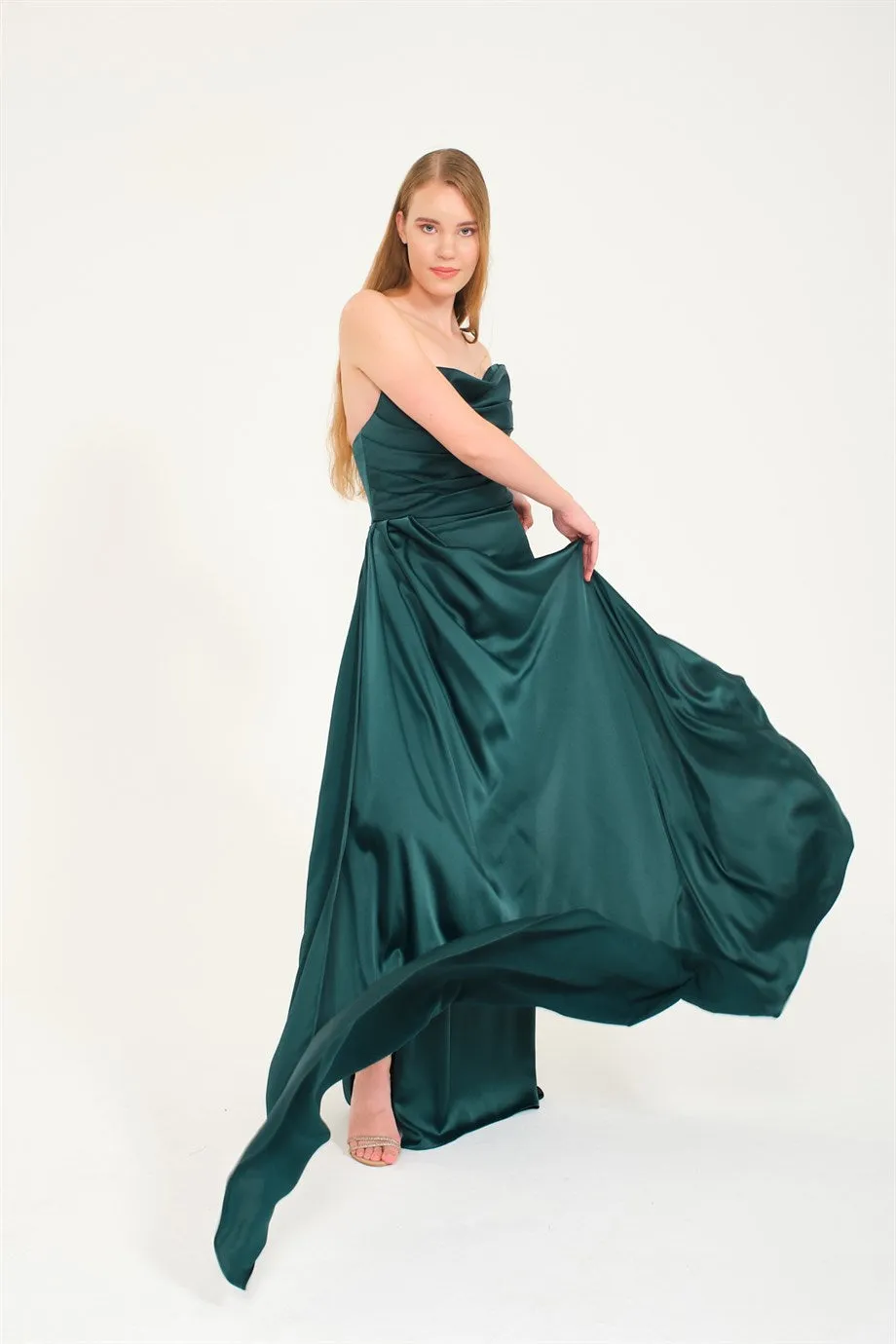 Emerald Slit Satin Evening Dress Cat Ear Dress