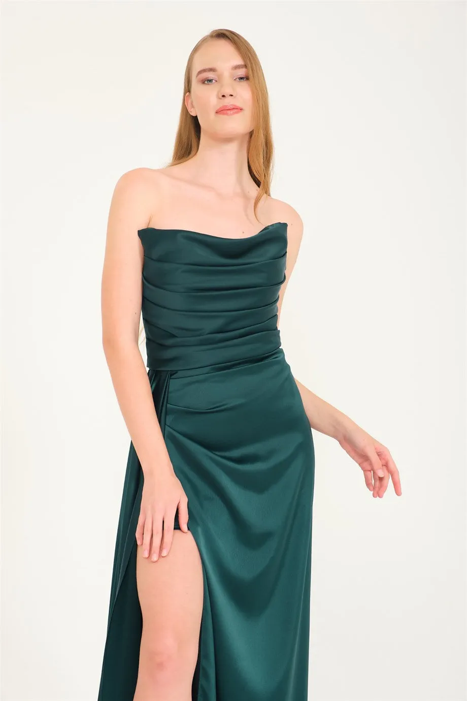 Emerald Slit Satin Evening Dress Cat Ear Dress