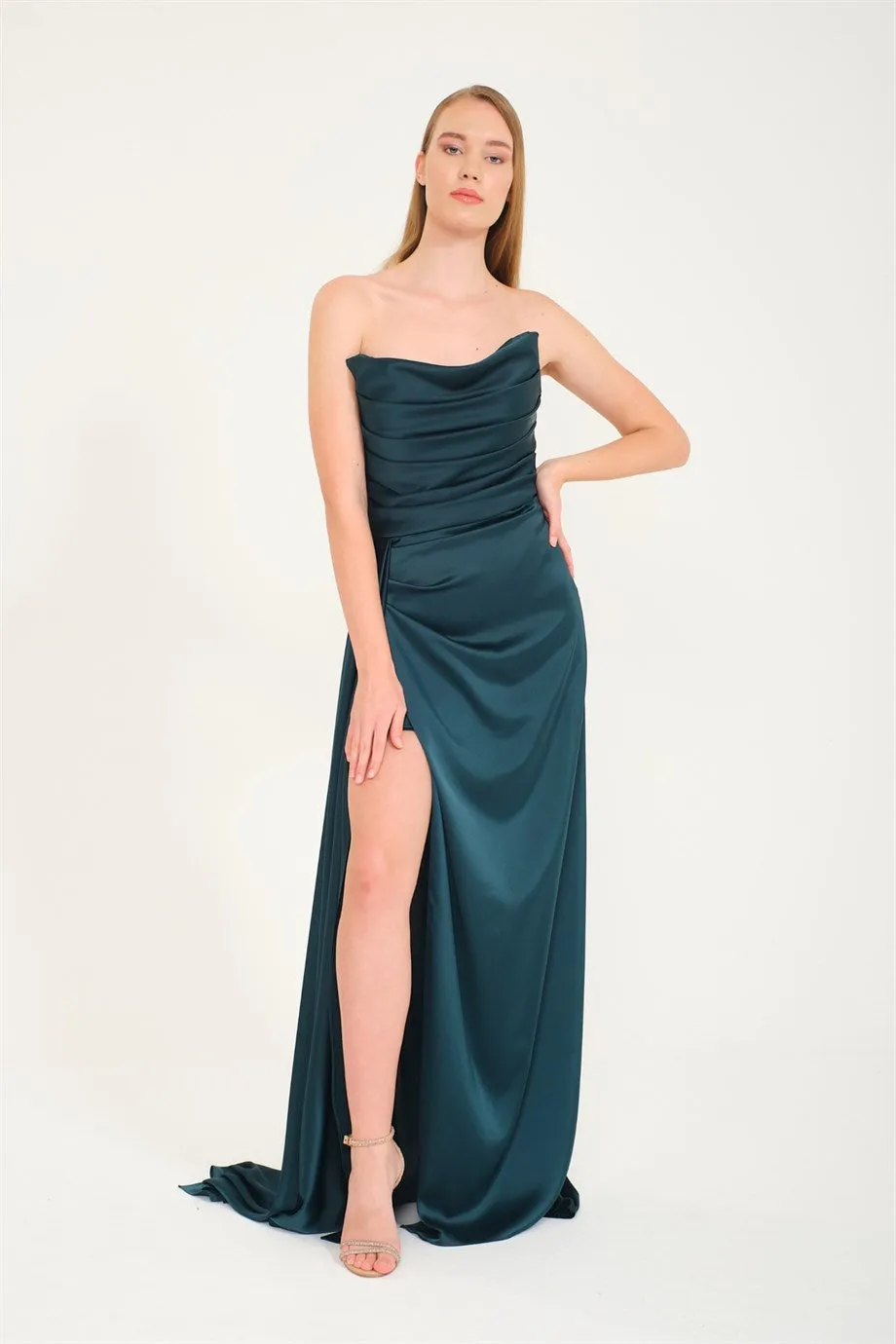 Emerald Slit Satin Evening Dress Cat Ear Dress