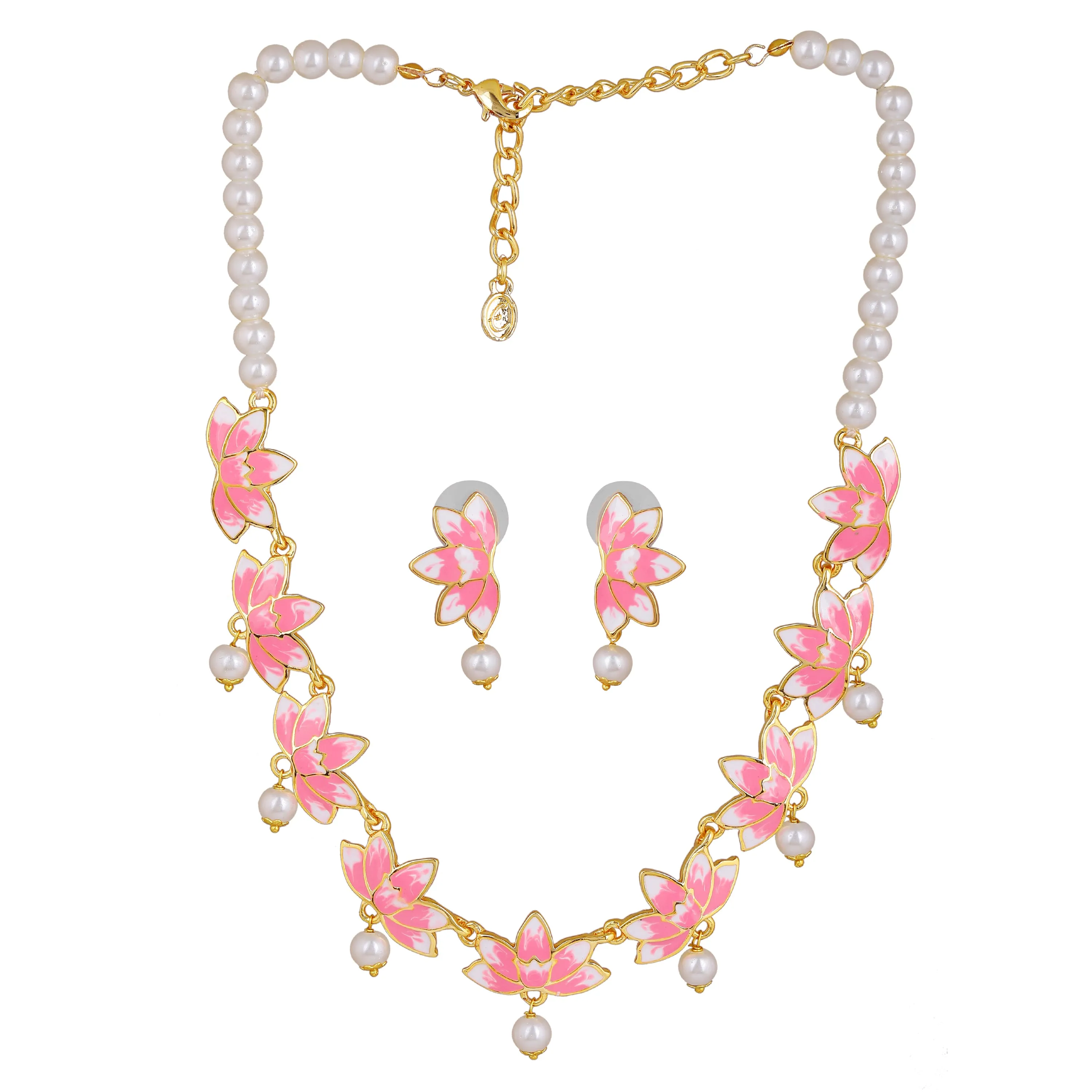 Estele Gold Plated Alluring Lotus Designer Pearl Necklace Set with Pink Enamel for Girl's & Women