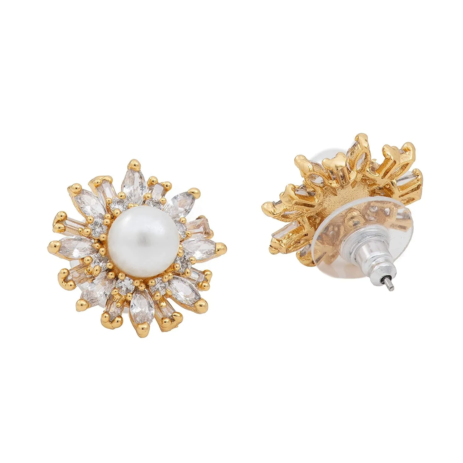 Estele Gold Plated American Diamond & Baguette's Pearl Flower Stud Earrings for women