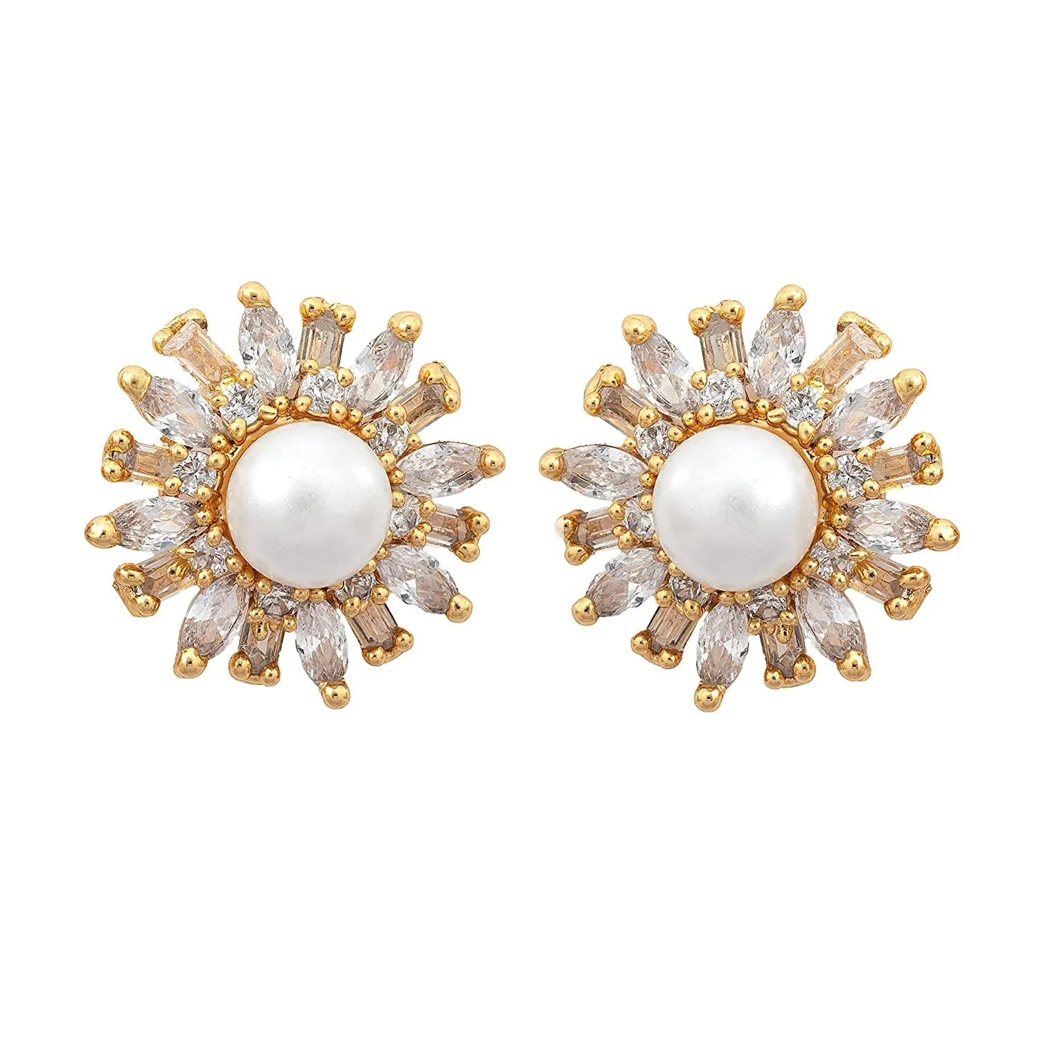 Estele Gold Plated American Diamond & Baguette's Pearl Flower Stud Earrings for women