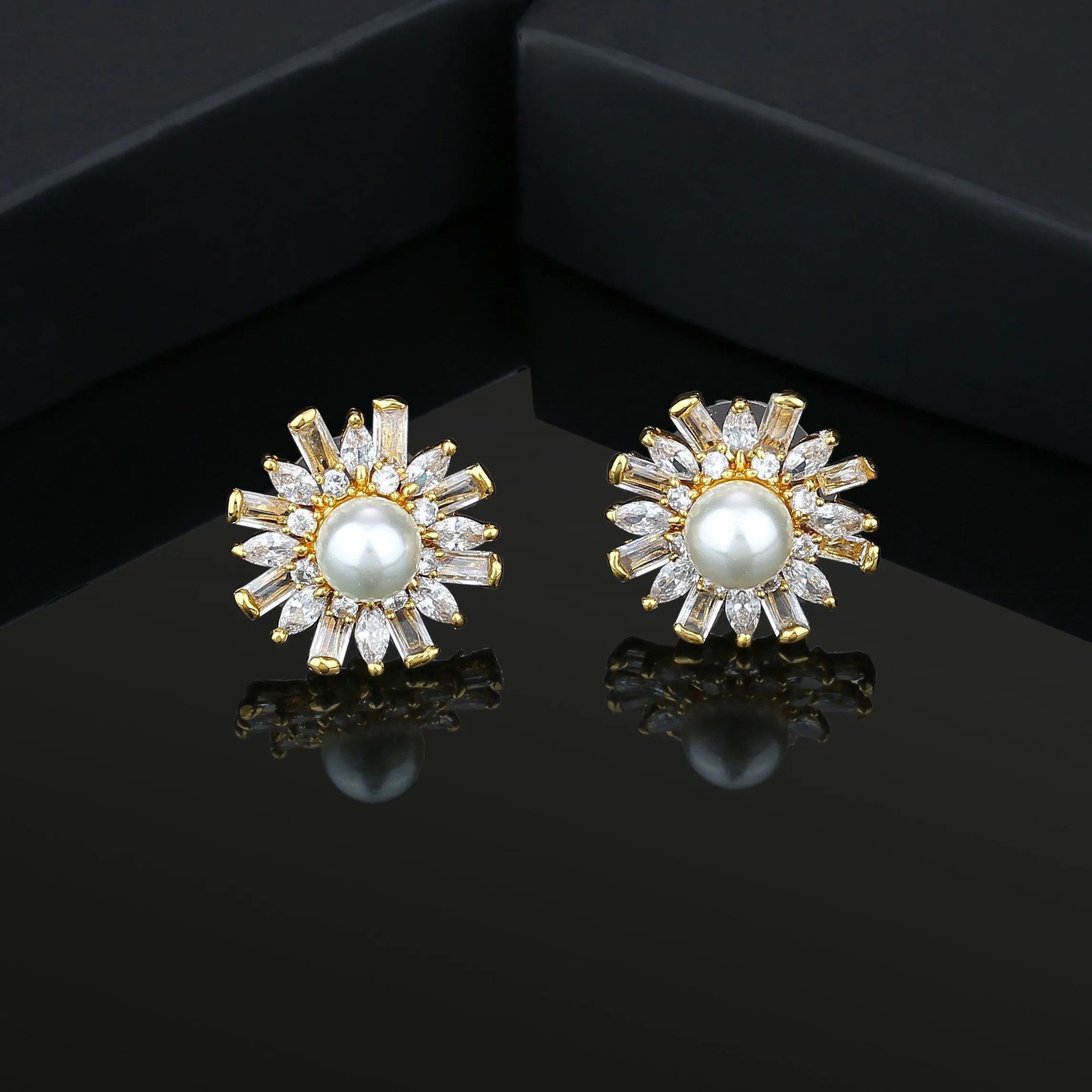 Estele Gold Plated American Diamond & Baguette's Pearl Flower Stud Earrings for women