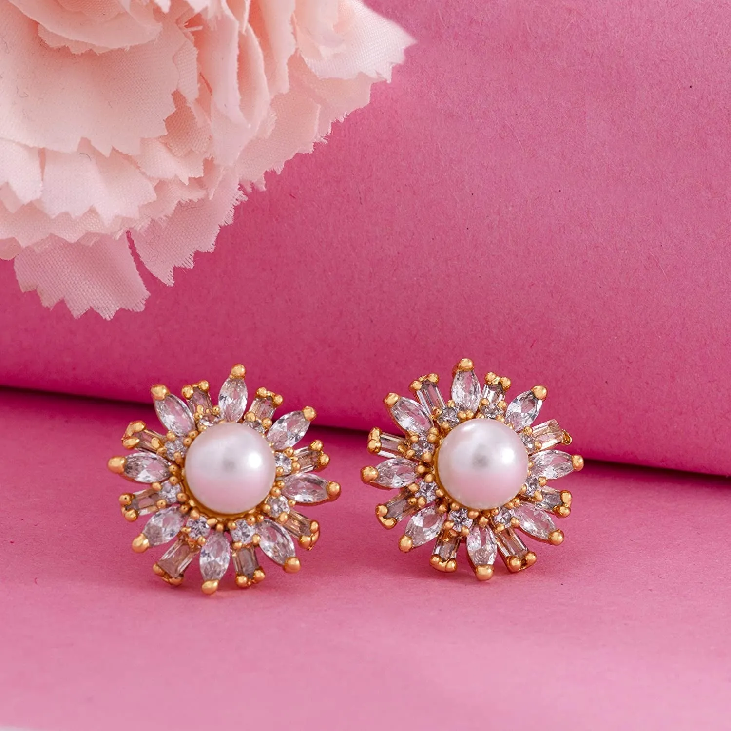 Estele Gold Plated American Diamond & Baguette's Pearl Flower Stud Earrings for women