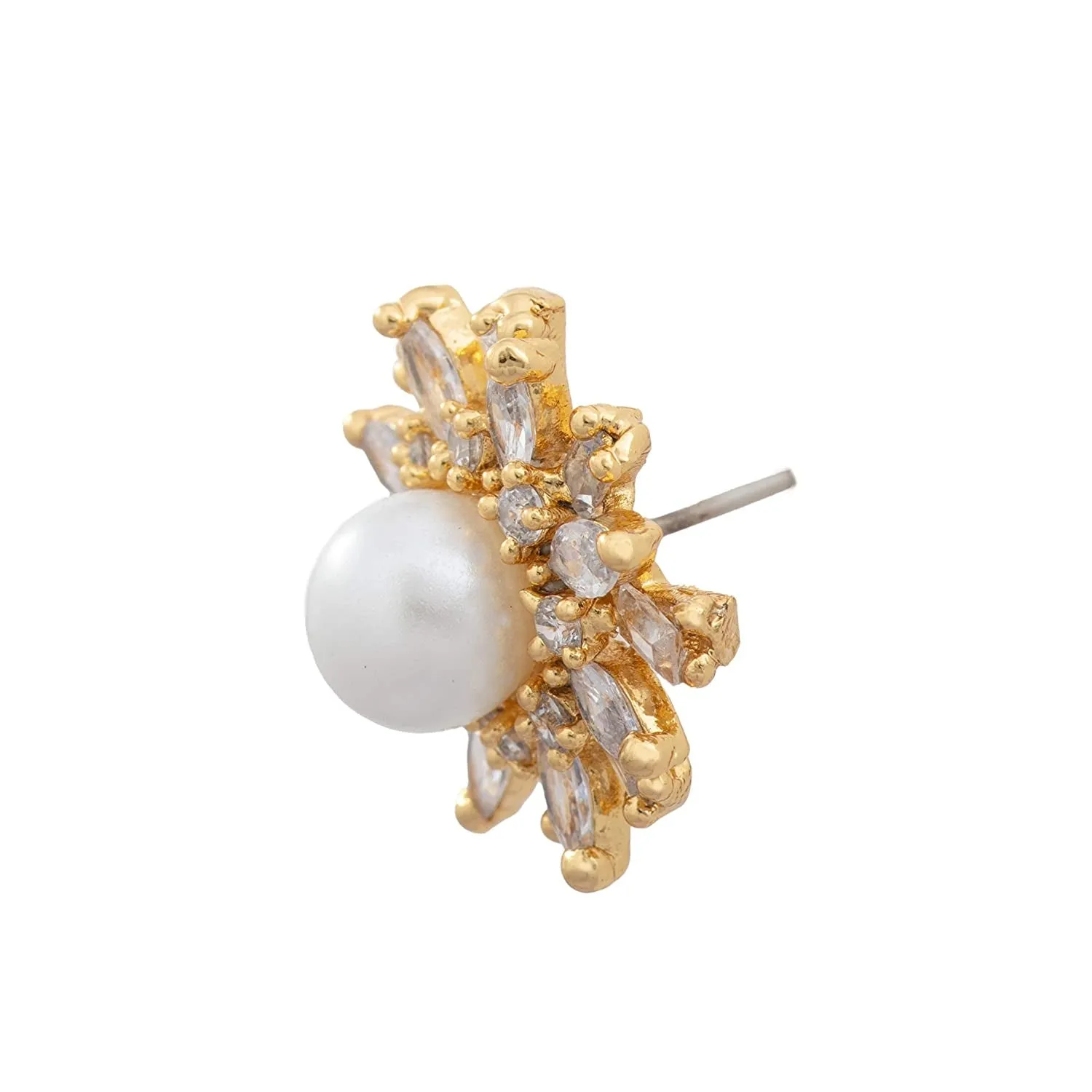 Estele Gold Plated American Diamond & Baguette's Pearl Flower Stud Earrings for women