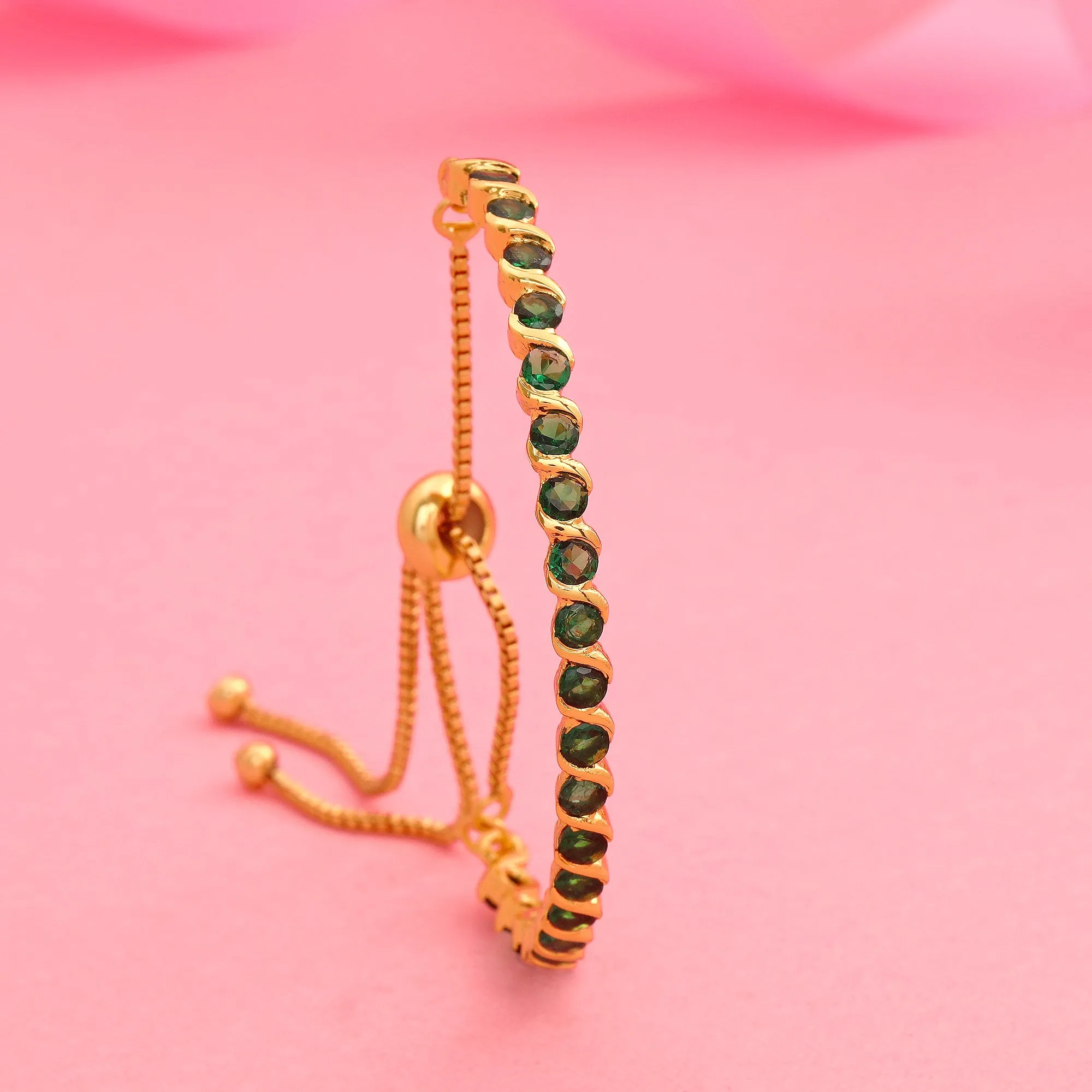 Estele Gold Plated Candy Collection with Green American Diamonds Bracelet (adjustable)