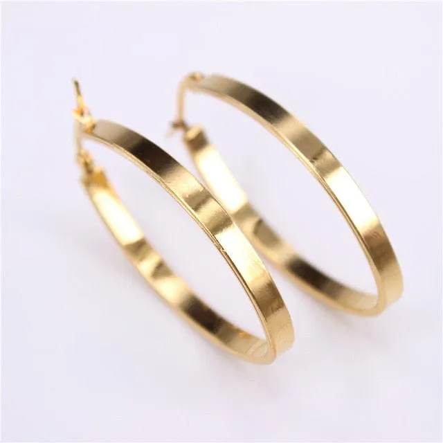 Flat Oval Smooth Hoop Earrings - 2 Colors - 3 Sizes