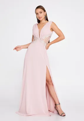 Flowy Sleeveless Maxi Chiffon Wedding Guest Dress with Embriodery Waist - Pink