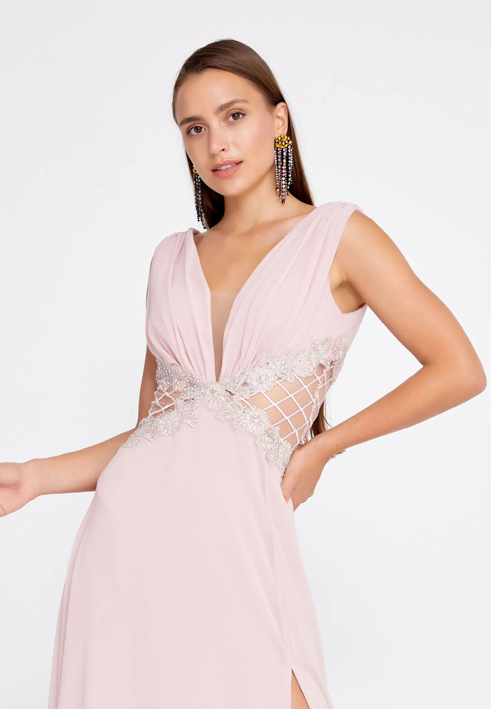 Flowy Sleeveless Maxi Chiffon Wedding Guest Dress with Embriodery Waist - Pink