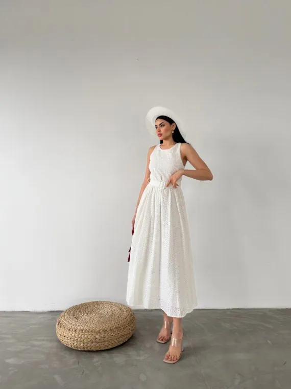 Gathered Long Dress With Waist Belt