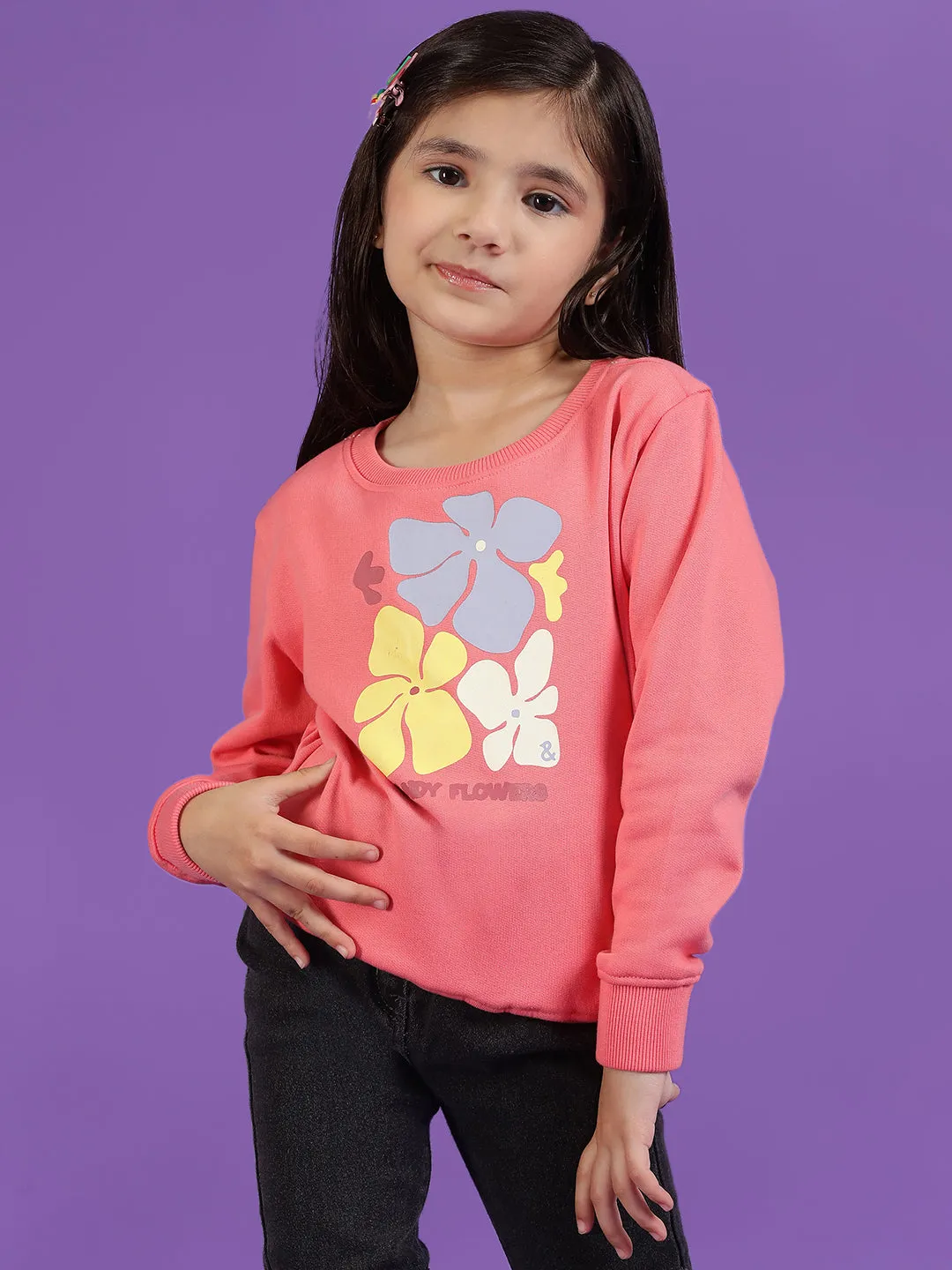 Girls Pink Floral Printed Sweatshirt