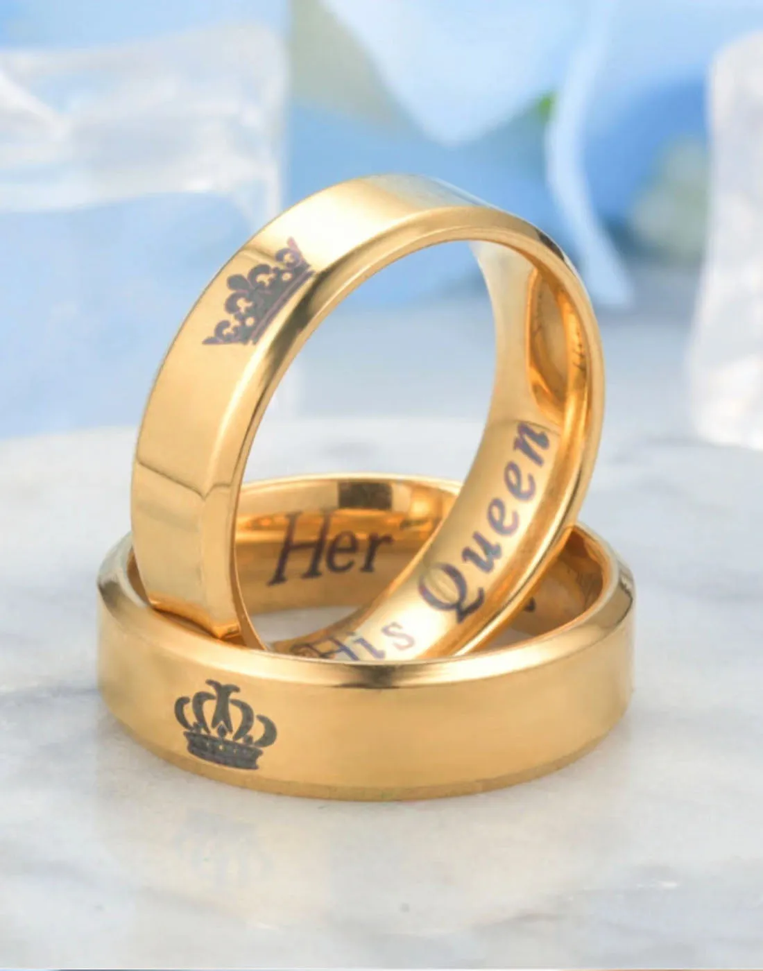 Golden Titanium Elegant King and Queen Couple Band Ring