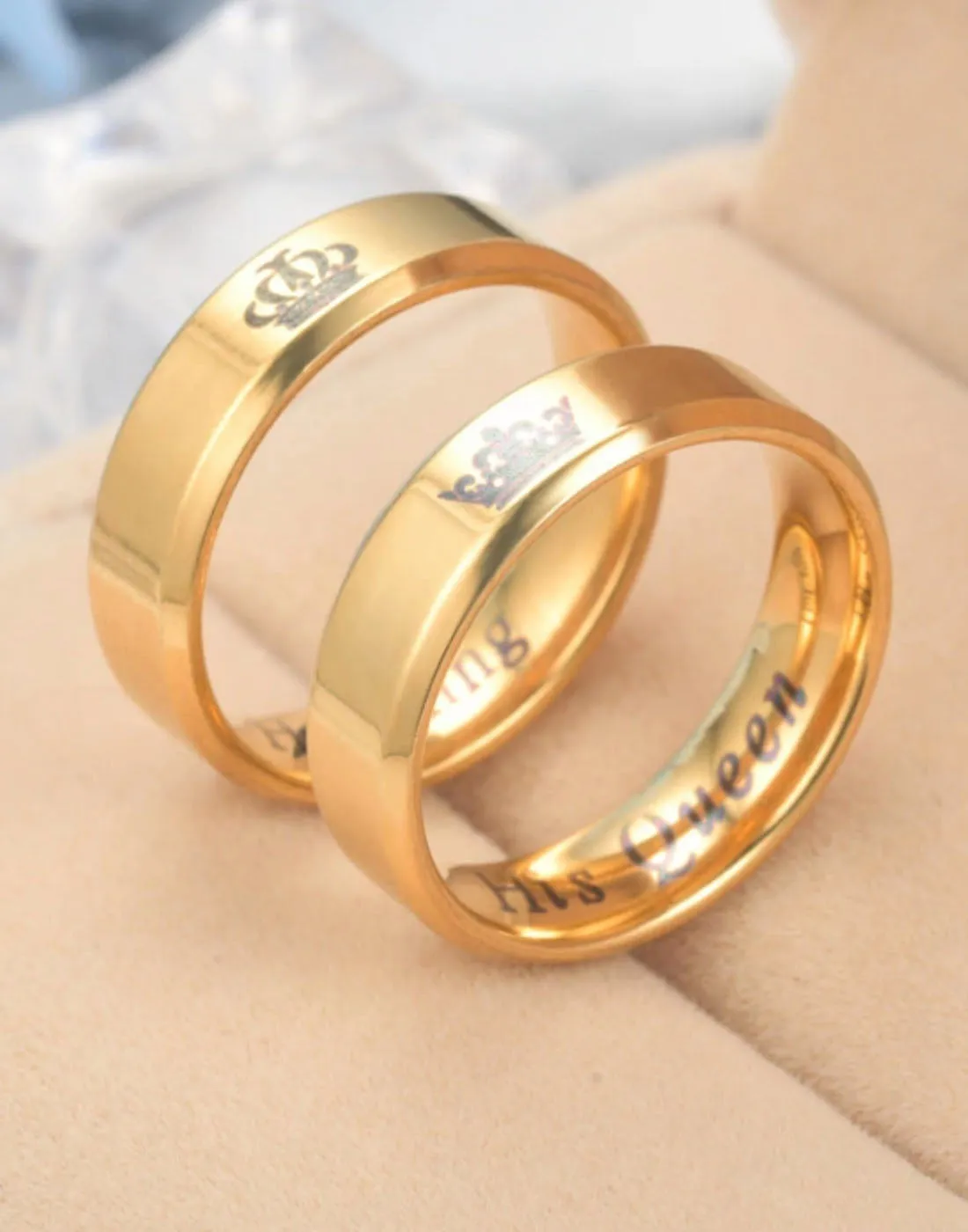 Golden Titanium Elegant King and Queen Couple Band Ring