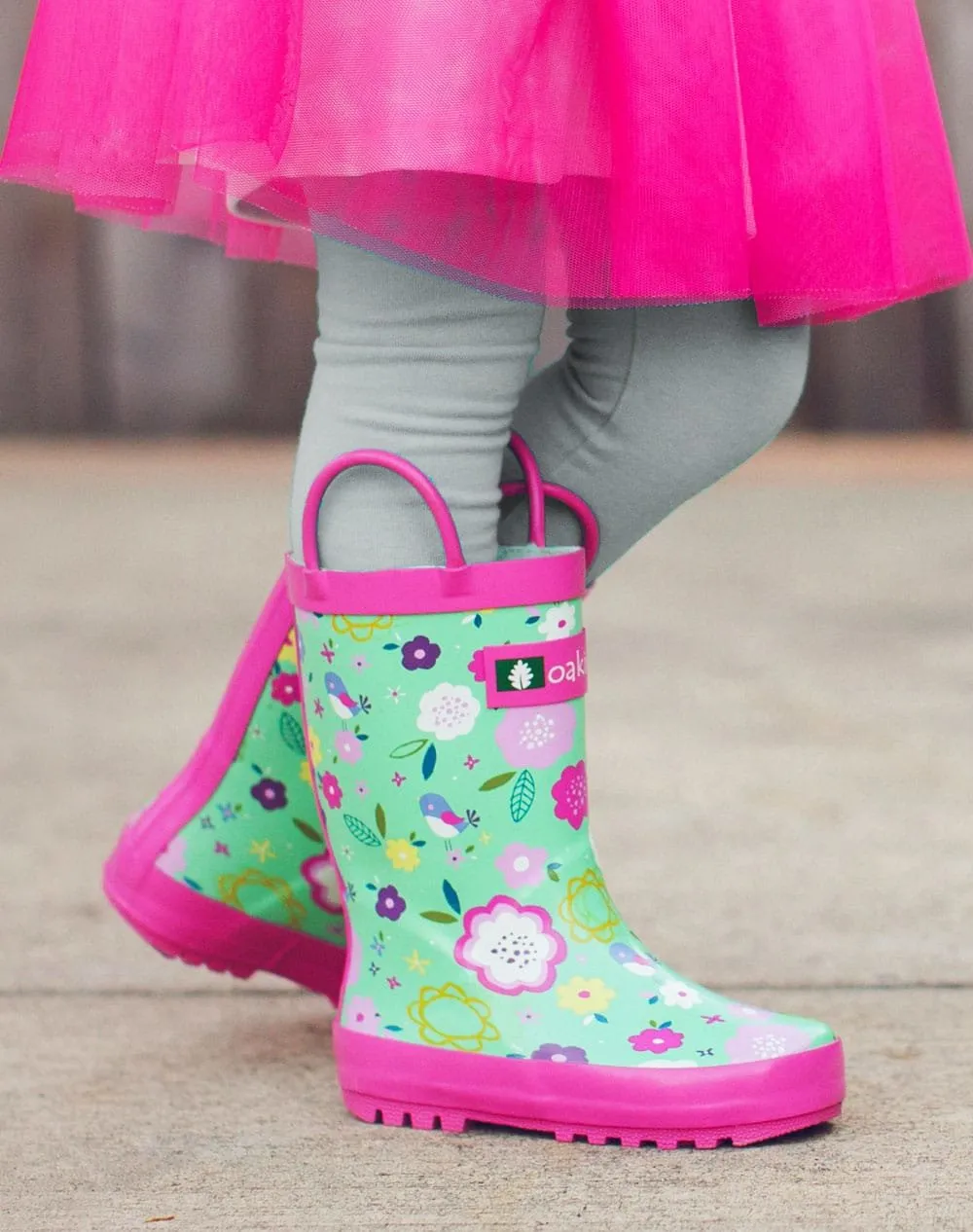 Green Floral Loop Handle Rubber Rain Boots