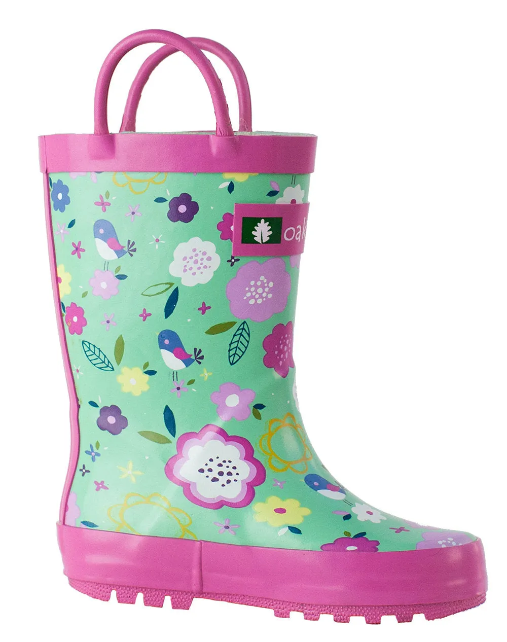 Green Floral Loop Handle Rubber Rain Boots