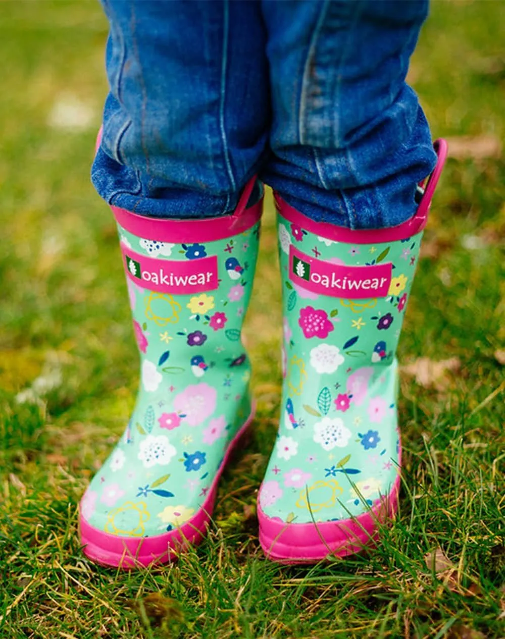 Green Floral Loop Handle Rubber Rain Boots