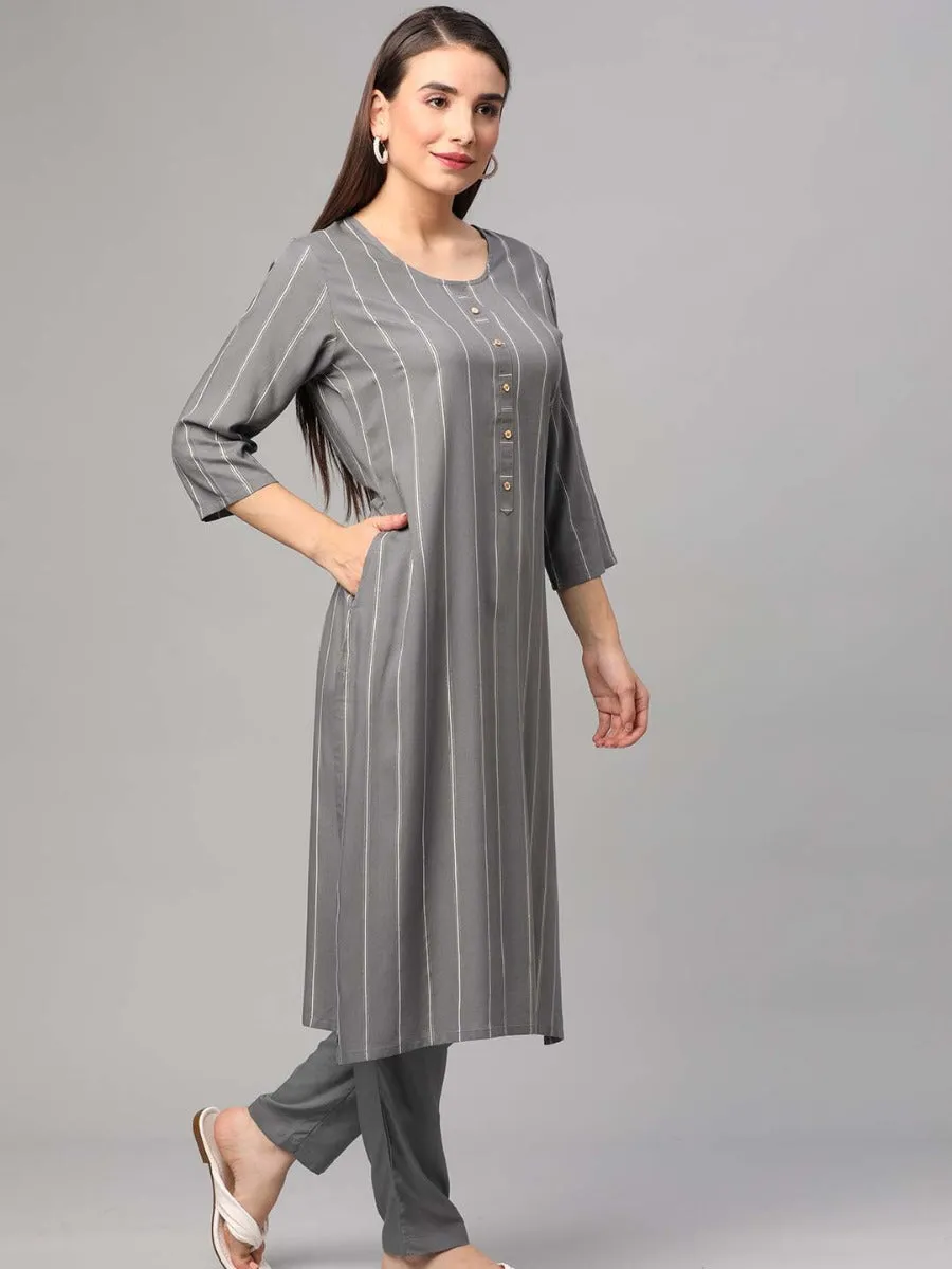 Grey Stripe Printed Kurta Trouser Dupatta