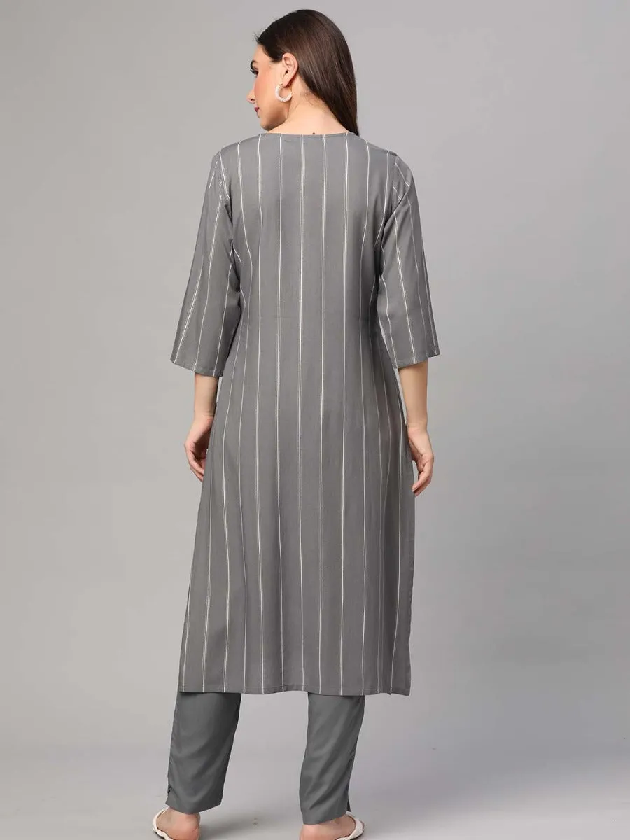 Grey Stripe Printed Kurta Trouser Dupatta