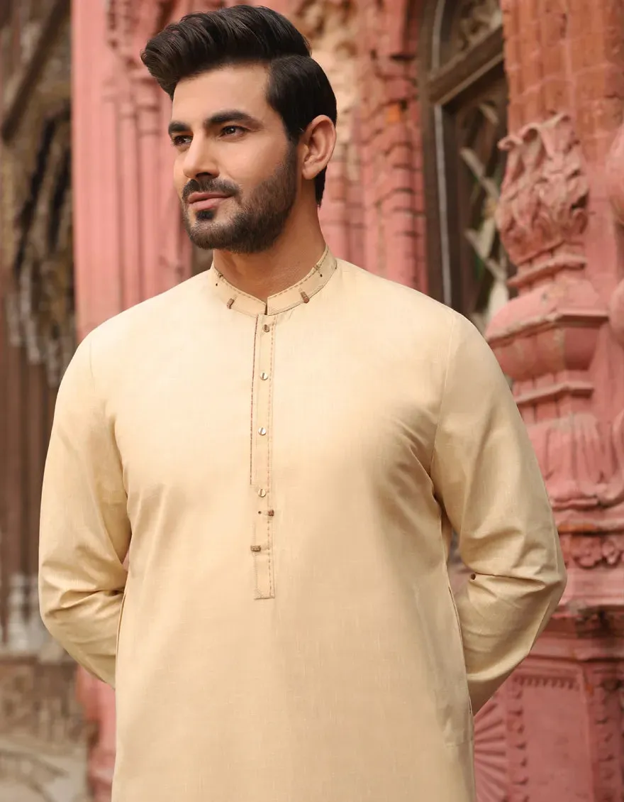 J. Mens Beige Blended Casual 2-Piece Kameez Shalwar