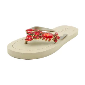 Lobster - Red  Rhinestone Embellished Women Flat Flip Flops Sandal