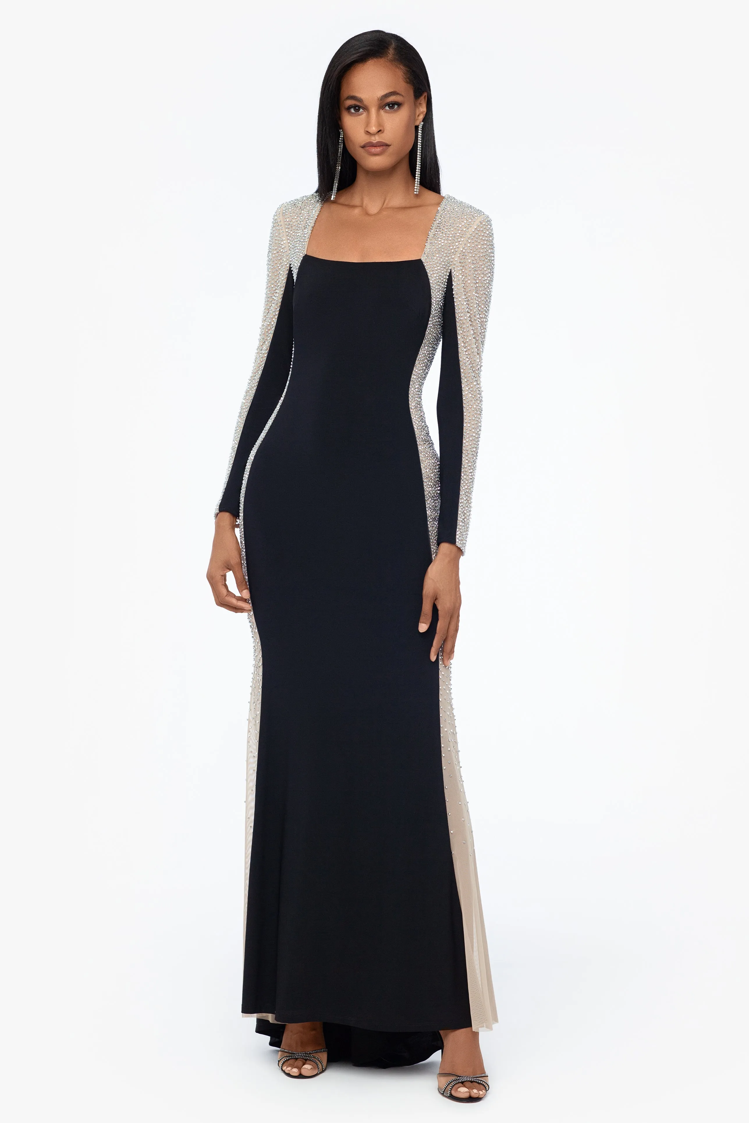 Long Ity Square Neck Caviar Beaded Sleeve Dress