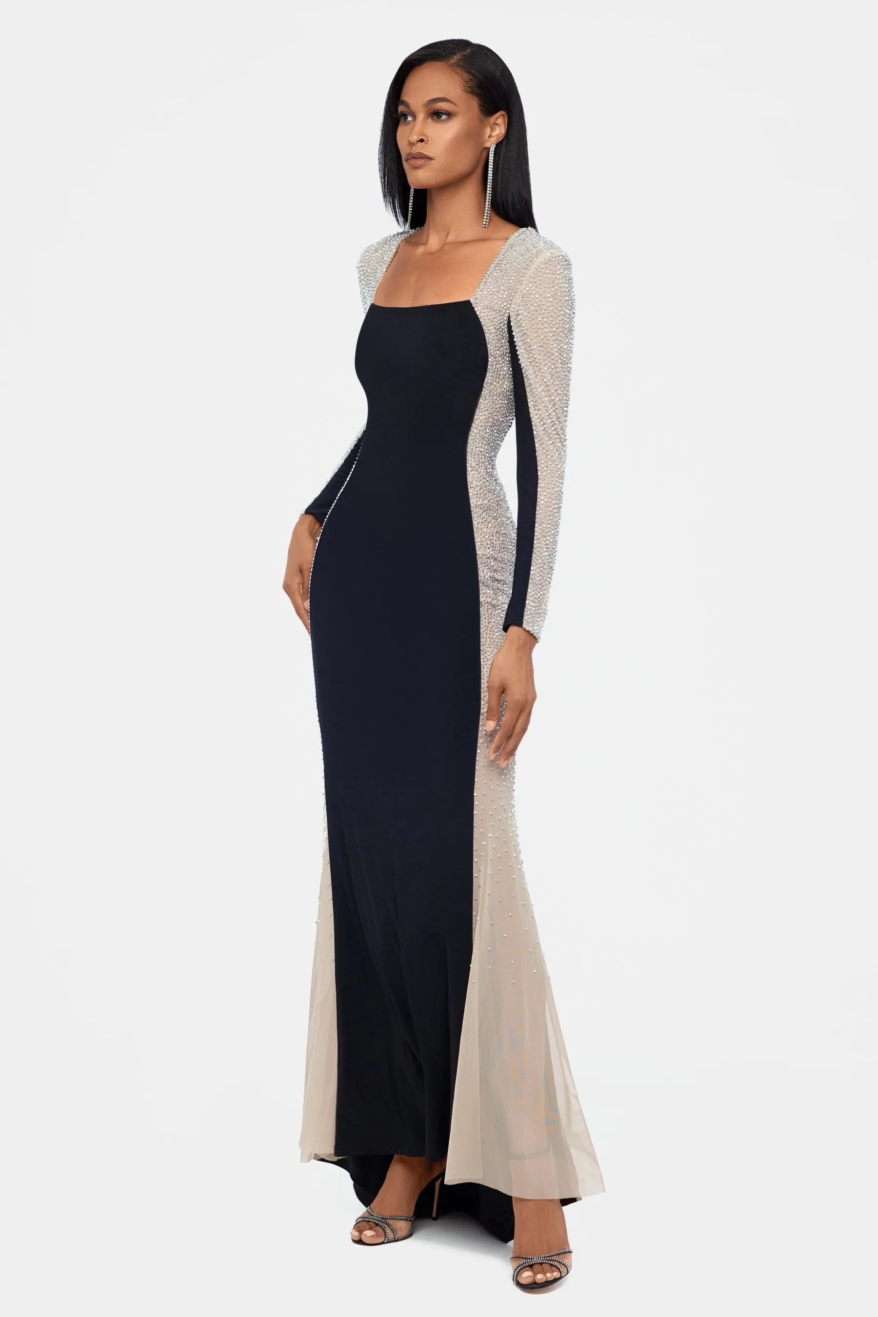 Long Ity Square Neck Caviar Beaded Sleeve Dress