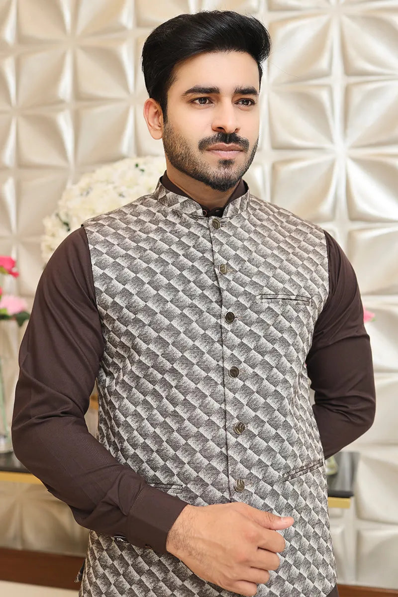 Men Self Design Waistcoat Brown