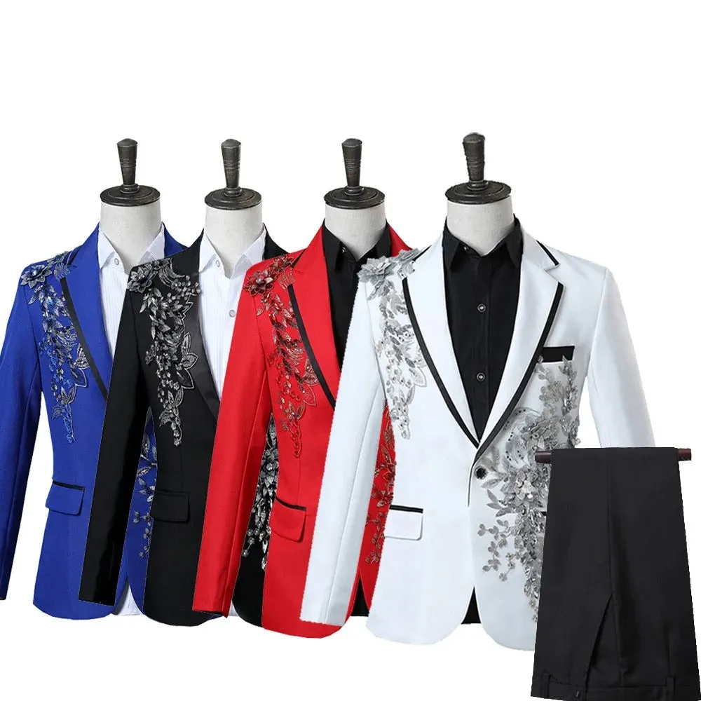 Mens 2 Piece Formal Embroidered Smart Fit Suit Flashing Sequins Crystal Blazers Coat Prom Party Tuxedo Costume Wedding Outfit