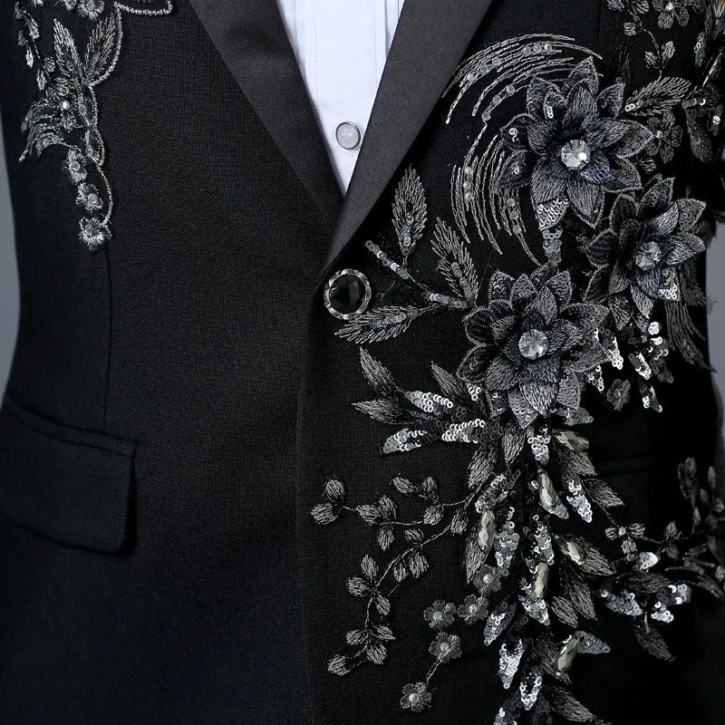 Mens 2 Piece Formal Embroidered Smart Fit Suit Flashing Sequins Crystal Blazers Coat Prom Party Tuxedo Costume Wedding Outfit