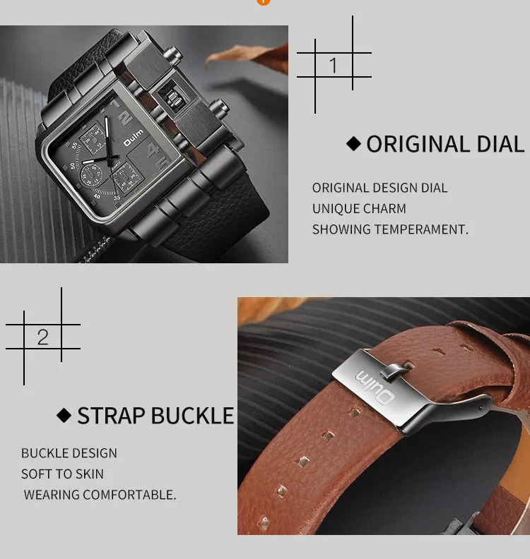 Men's Wristwatch Military Army Square Big Dial Watch Sports Leather Strap Quartz Watch | 3364